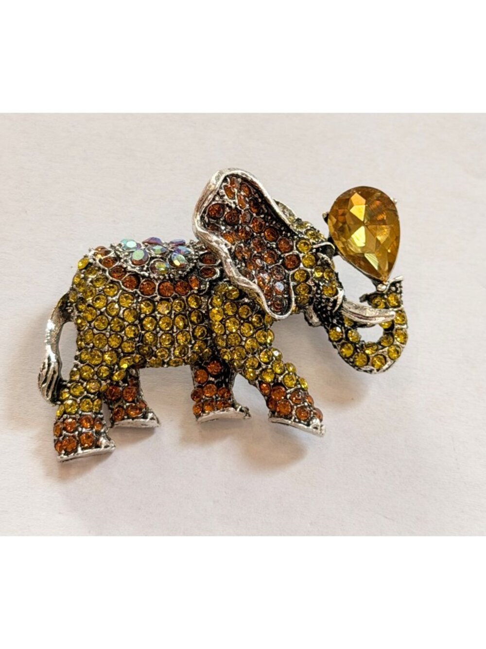 Sparkling Crystal Elephant Brooch With Yellow & Brown Rhinestones 2 Inches